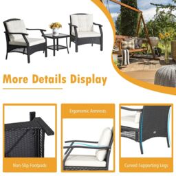 Costway 3 PCS Outdoor Furniture Set Modern Patio Rattan Chair Coffee Table Set in Black - thumbnail 6