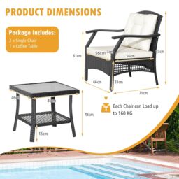 Costway 3 PCS Outdoor Furniture Set Modern Patio Rattan Chair Coffee Table Set in Black - thumbnail 2
