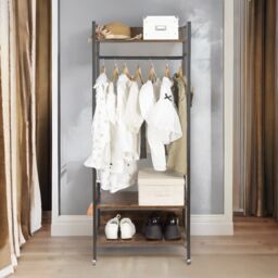 Pirlo Plush Industrial Rustic Open Wardrobe Garment Rail With Storage Shelves in Brown - thumbnail 2
