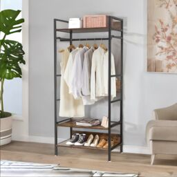 Pirlo Plush Industrial Rustic Open Wardrobe Garment Rail With Storage Shelves in Brown - thumbnail 4