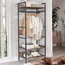 Pirlo Plush Industrial Rustic Open Wardrobe Garment Rail With Storage Shelves in Brown - thumbnail 3