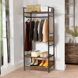 Pirlo Plush Industrial Rustic Open Wardrobe Garment Rail With Storage Shelves in Brown - thumbnail 1