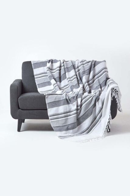 Homescapes Cotton Morocco Striped Throw in Light Grey - Size: 255 cm x 360 cm - image 1