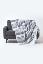 Homescapes Cotton Morocco Striped Throw in Light Grey - Size: 255 cm x 360 cm