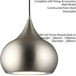 Loops LED Ceiling Pendant Light 18W Cool White Bulb Matt Nickel Hanging Dome Shade in Metallics - thumbnail 2
