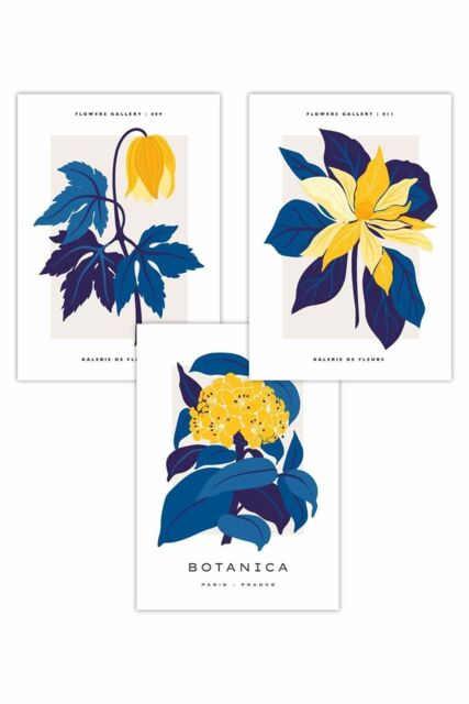 ARTZE Set of 3 Navy Blue & Yellow Flower Market Art Posters - Size: W50 cm x H70 cm - image 1