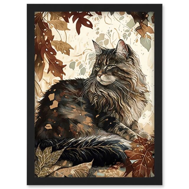 Artery8 Maine Coon Cat in Autumn Leaves Modern Watercolour Ink Illustration Artwork Framed Wall Art Print A4 in Black - image 1