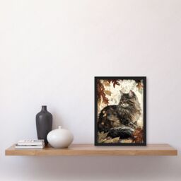 Artery8 Maine Coon Cat in Autumn Leaves Modern Watercolour Ink Illustration Artwork Framed Wall Art Print A4 in Black - thumbnail 2