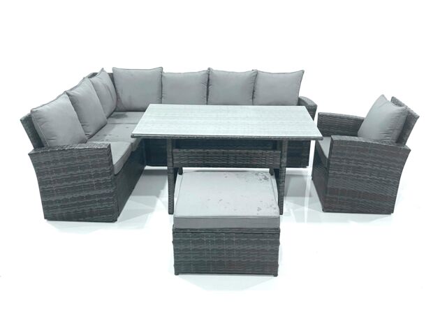 Fimous 8 Seater Garden Rattan Furniture Corner Dining Set with Big Footstool Outdoor Lounge Sofa Set in Dark Grey - image 1