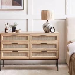 Wyld and Coco Rattan Six-Drawer Chest Light Wood with Black Metal Frame in Brown