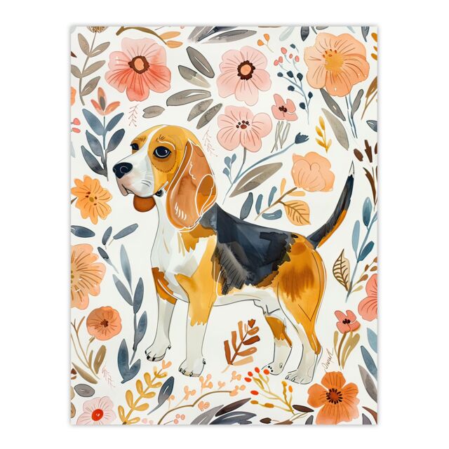 "Artery8 Cute Beagle Puppy Dog Lover Floral Watercolour Wall Art Print - Size: W12"" x H16""" - image 1