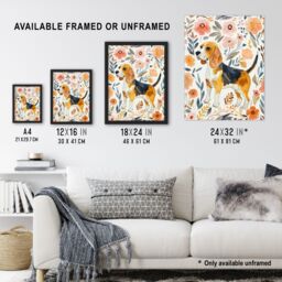 "Artery8 Cute Beagle Puppy Dog Lover Floral Watercolour Wall Art Print - Size: W12"" x H16""" - thumbnail 3