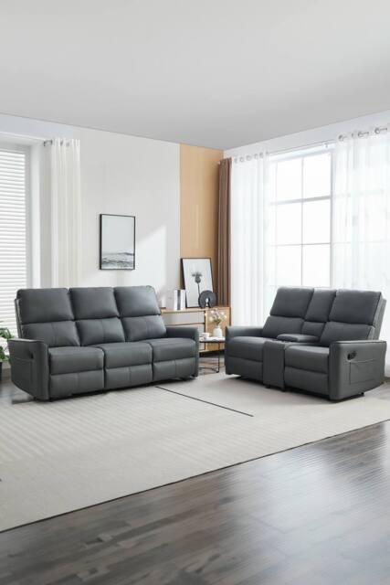 More4Homes Madrid 2+3 Seater W Console Manual Air Leather Recliner Sofa Set in Grey - image 1