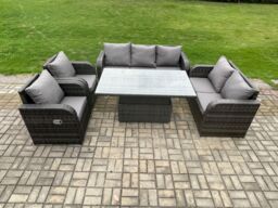 Fimous Rattan Outdoor Garden Furniture Sets Height Adjustable Rising lifting Dining Table Reclining Chair Sofa Set Dark Grey Mixed - thumbnail 2
