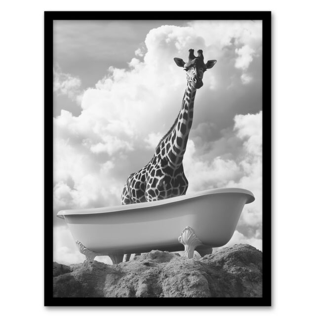 Artery8 Giraffe in Bathtub on a Hill Black White Surreal Framed Art Print in Grey - Size: A4 - image 1
