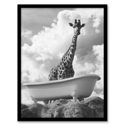 Artery8 Giraffe in Bathtub on a Hill Black White Surreal Framed Art Print in Grey - Size: A4 - thumbnail 1