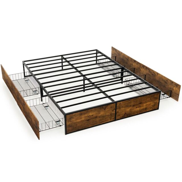 Costway Double Iron Bed Frame 4 Underbed Storage Drawers Platfrom Bed Slat Support Base in Brown - image 1