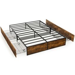 Costway Double Iron Bed Frame 4 Underbed Storage Drawers Platfrom Bed Slat Support Base in Brown - thumbnail 1