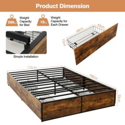 Costway Double Iron Bed Frame 4 Underbed Storage Drawers Platfrom Bed Slat Support Base in Brown - thumbnail 3