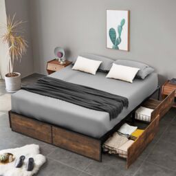Costway Double Iron Bed Frame 4 Underbed Storage Drawers Platfrom Bed Slat Support Base in Brown - thumbnail 4