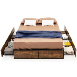 Costway Double Iron Bed Frame 4 Underbed Storage Drawers Platfrom Bed Slat Support Base in Brown - thumbnail 2