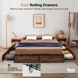 Costway Double Iron Bed Frame 4 Underbed Storage Drawers Platfrom Bed Slat Support Base in Brown - thumbnail 5