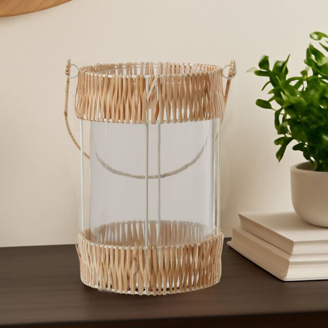 Orsina Natural Rattan Large Lantern, Rustic & Stylish Glass Lantern, White Metal & Clear Glass Candle Lantern - image 1