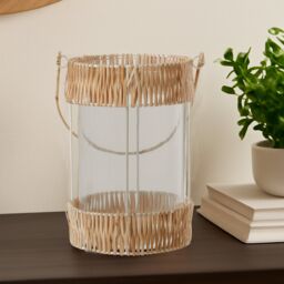 Orsina Natural Rattan Large Lantern, Rustic & Stylish Glass Lantern, White Metal & Clear Glass Candle Lantern