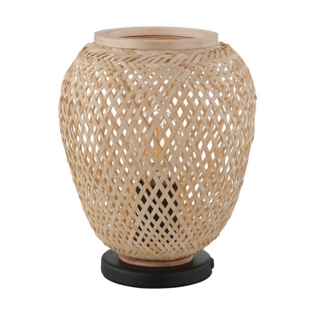 Loops Table Lamp Desk Light Black Base & Round Wicker Wood Shade 1 x 40W E27 Bulb - image 1