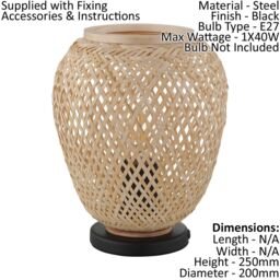 Loops Table Lamp Desk Light Black Base & Round Wicker Wood Shade 1 x 40W E27 Bulb - thumbnail 2