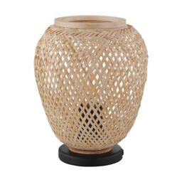 Loops Table Lamp Desk Light Black Base & Round Wicker Wood Shade 1 x 40W E27 Bulb - thumbnail 1