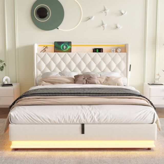 Merax Beige Hydraulic Storage Bed with LED Storage Headboard & Charging - Size: Double - image 1