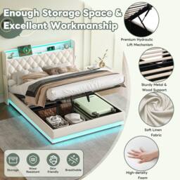 Merax Beige Hydraulic Storage Bed with LED Storage Headboard & Charging - Size: Double - thumbnail 8