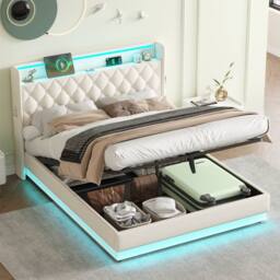 Merax Beige Hydraulic Storage Bed with LED Storage Headboard & Charging - Size: Double - thumbnail 5