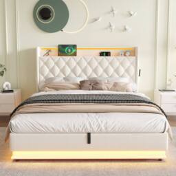 Merax Beige Hydraulic Storage Bed with LED Storage Headboard & Charging - Size: Double - thumbnail 3