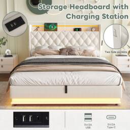 Merax Beige Hydraulic Storage Bed with LED Storage Headboard & Charging - Size: Double - thumbnail 6