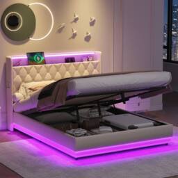 Merax Beige Hydraulic Storage Bed with LED Storage Headboard & Charging - Size: Double - thumbnail 4