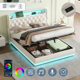 Merax Beige Hydraulic Storage Bed with LED Storage Headboard & Charging - Size: Double - thumbnail 2