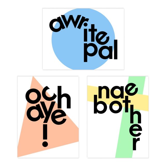Artery8 Wall Art Print Pack of 3 A4 Scottish Slang Words Typography Awrite Pal Och Aye Nae Bother Geometric Bright Pastel Colour Living Room s Set - image 1