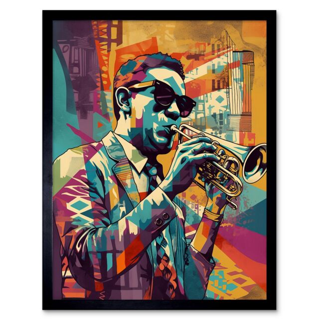 "Artery8 Wall Art Print Trumpet Player Jazz Musician with Sunglasses Modern Colour Linocut Art Framed in Black - Size: W12"" x H16""" - image 1