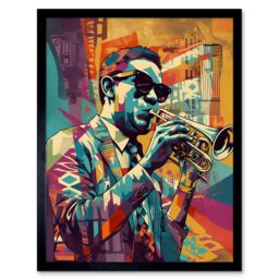 "Artery8 Wall Art Print Trumpet Player Jazz Musician with Sunglasses Modern Colour Linocut Art Framed in Black - Size: W12"" x H16""" - thumbnail 1