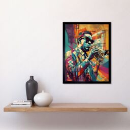 "Artery8 Wall Art Print Trumpet Player Jazz Musician with Sunglasses Modern Colour Linocut Art Framed in Black - Size: W12"" x H16""" - thumbnail 2