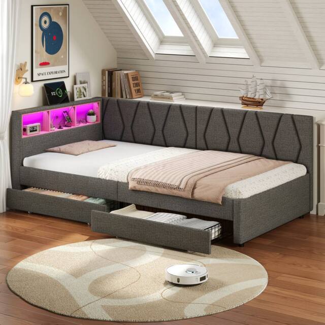 BTM Single Daybed with Storage Drawers, LED & Charging Station in Grey - image 1