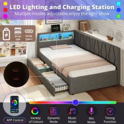 BTM Single Daybed with Storage Drawers, LED & Charging Station in Grey - thumbnail 5