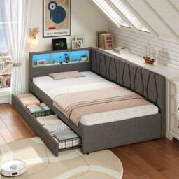 BTM Single Daybed with Storage Drawers, LED & Charging Station in Grey - thumbnail 2
