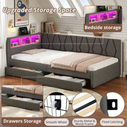 BTM Single Daybed with Storage Drawers, LED & Charging Station in Grey - thumbnail 9