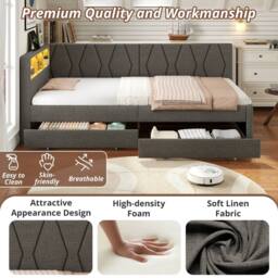 BTM Single Daybed with Storage Drawers, LED & Charging Station in Grey - thumbnail 6