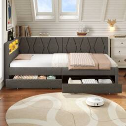 BTM Single Daybed with Storage Drawers, LED & Charging Station in Grey - thumbnail 4