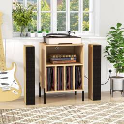 Gymax Record Player Stand Turntable Stand With 5 Compartments Charging Station in Natural - thumbnail 2