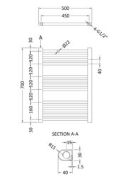 Balterley Heated Vertical Towel Rail Straight Rails 679 BTU Chrome 700x 500mm in Silver - thumbnail 2